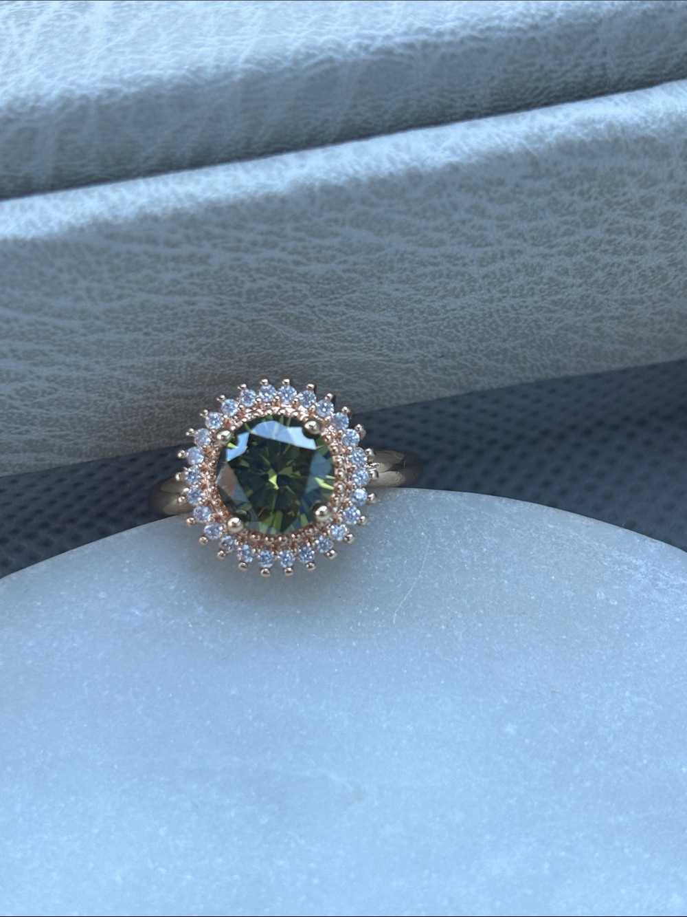 Halo Ring with Green Center Stone in Rose Gold